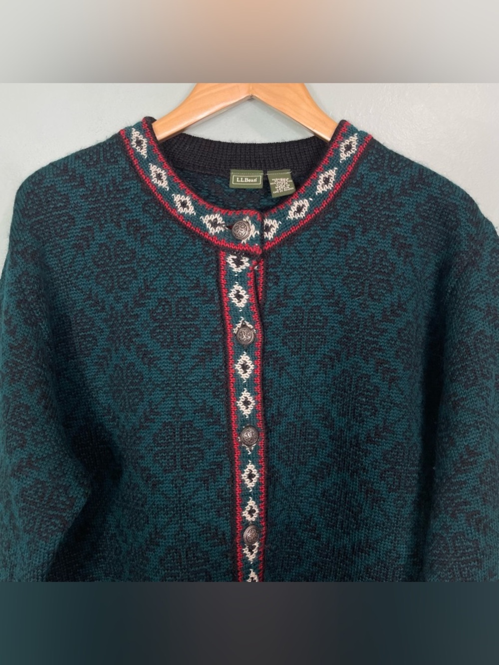 L.L. Bean Vintage Isle Nordic Wool Sweater Cardigan Pattern Multi Green Women XL - Picture 2 of 9